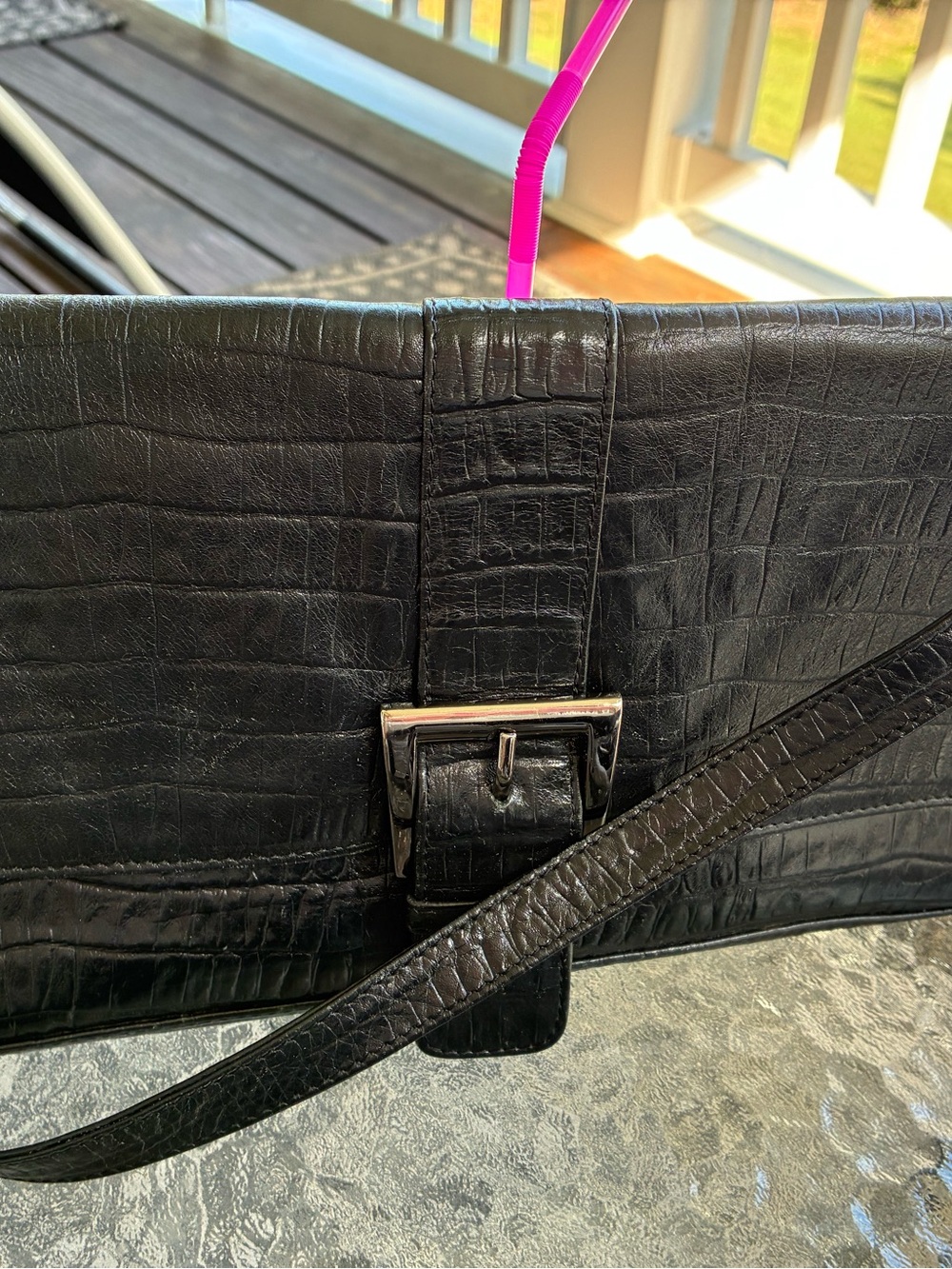 Black Leather Crocodile Print Shoulder Bag